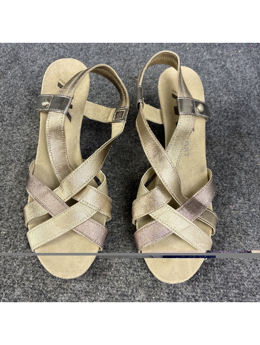 Anne Klein Sport Sz 9 1/2 Aktamryn Strappy Metallic Sandal w/ 3 1/2" Wedge Heel